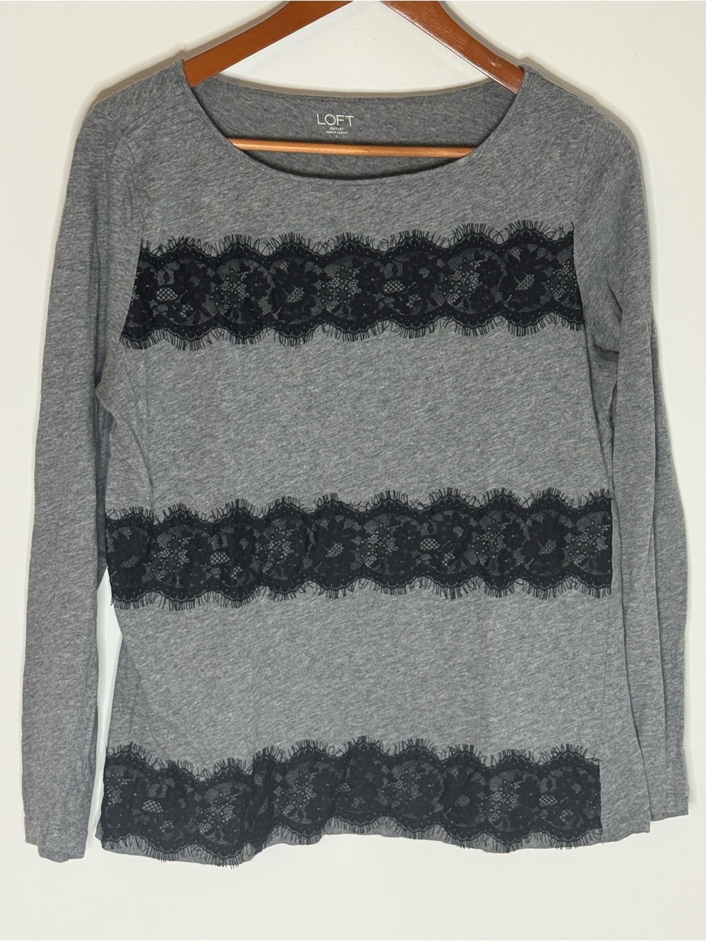 LOFT Gray Long-Sleeve Tee with Black Lace Stripes